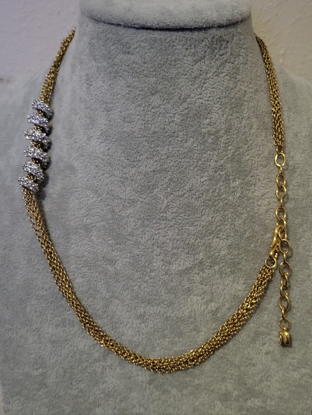 Vintage Swarovski Multi-Strand Gold Plate Necklace w/Pavé Crystal Spiral Ribbon - Picture 3 of 6